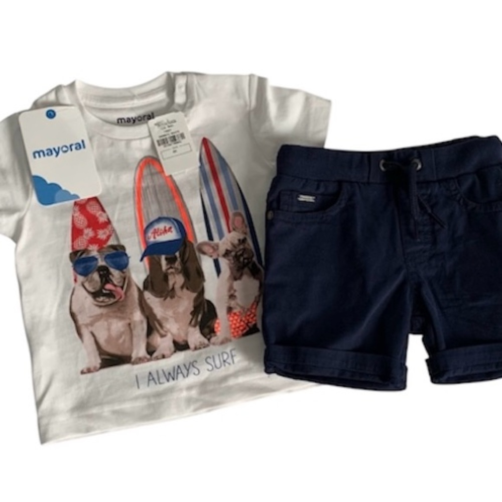 MAYORAL Shorts Set Surfboard Party Dogs Bulldog Vacation Outfit Infant Size 6m